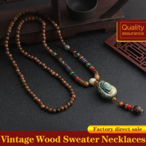 vintage handmade necklace nepal buddhist mala wood beads pendant & necklace ethnic fish horn long statement men women's jewelry