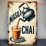 2d flat design, a vintage masala tea sign featuring a steam cup and teapot design, rustic metal wall art with a distressed